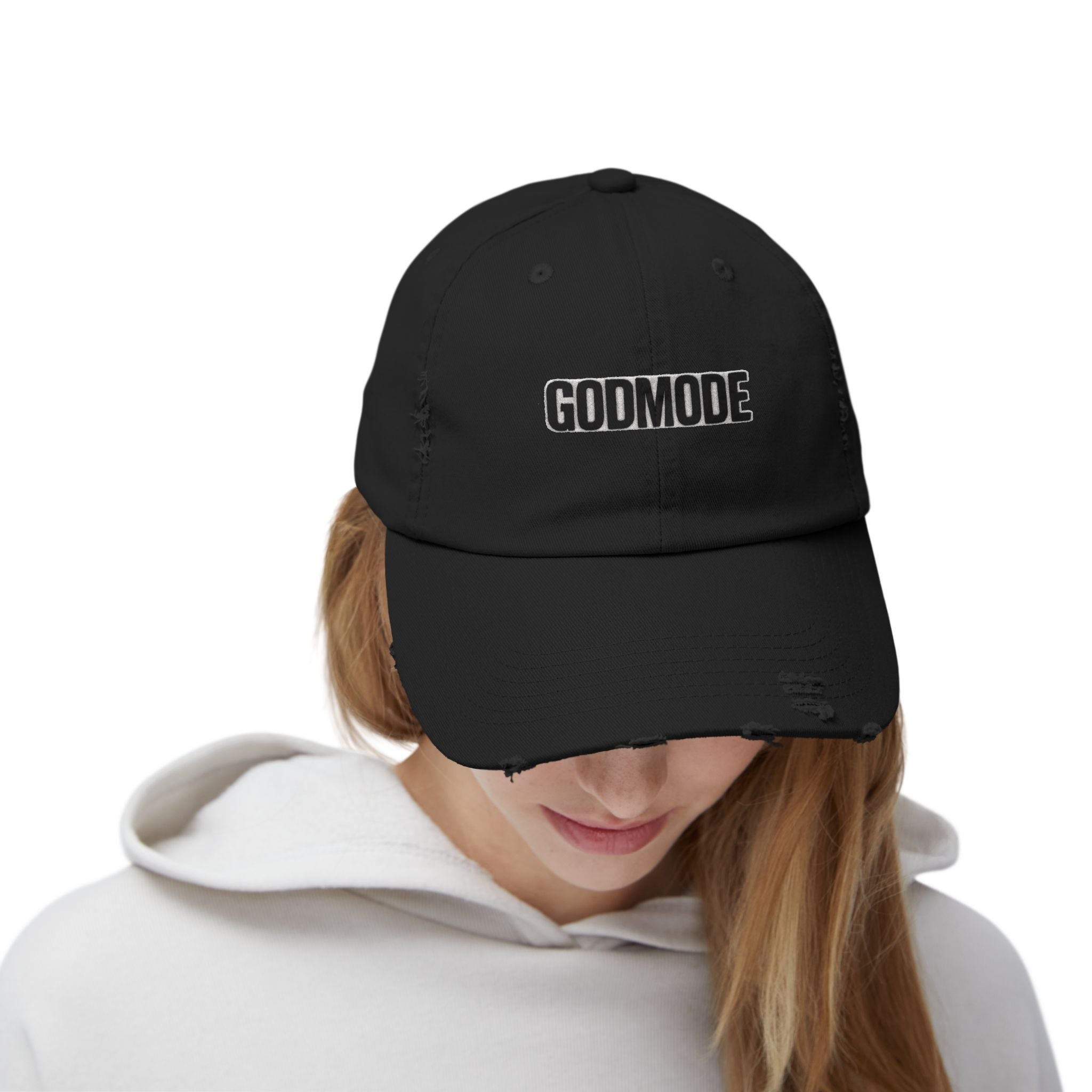 Unisex Distressed Cap: Godmode | Trendy Hat for Casual Outfits, Gifts for Him/Her, Streetwear Style, Everyday Accessory, Summer Outing